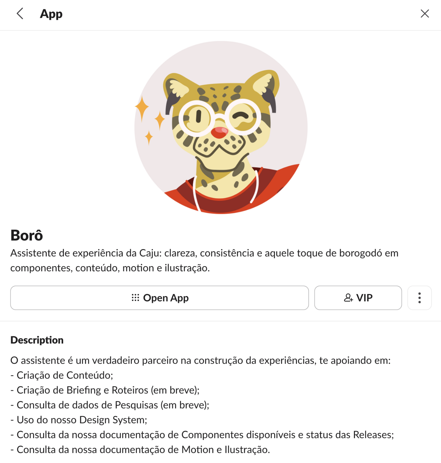 Borô app profile in Slack
