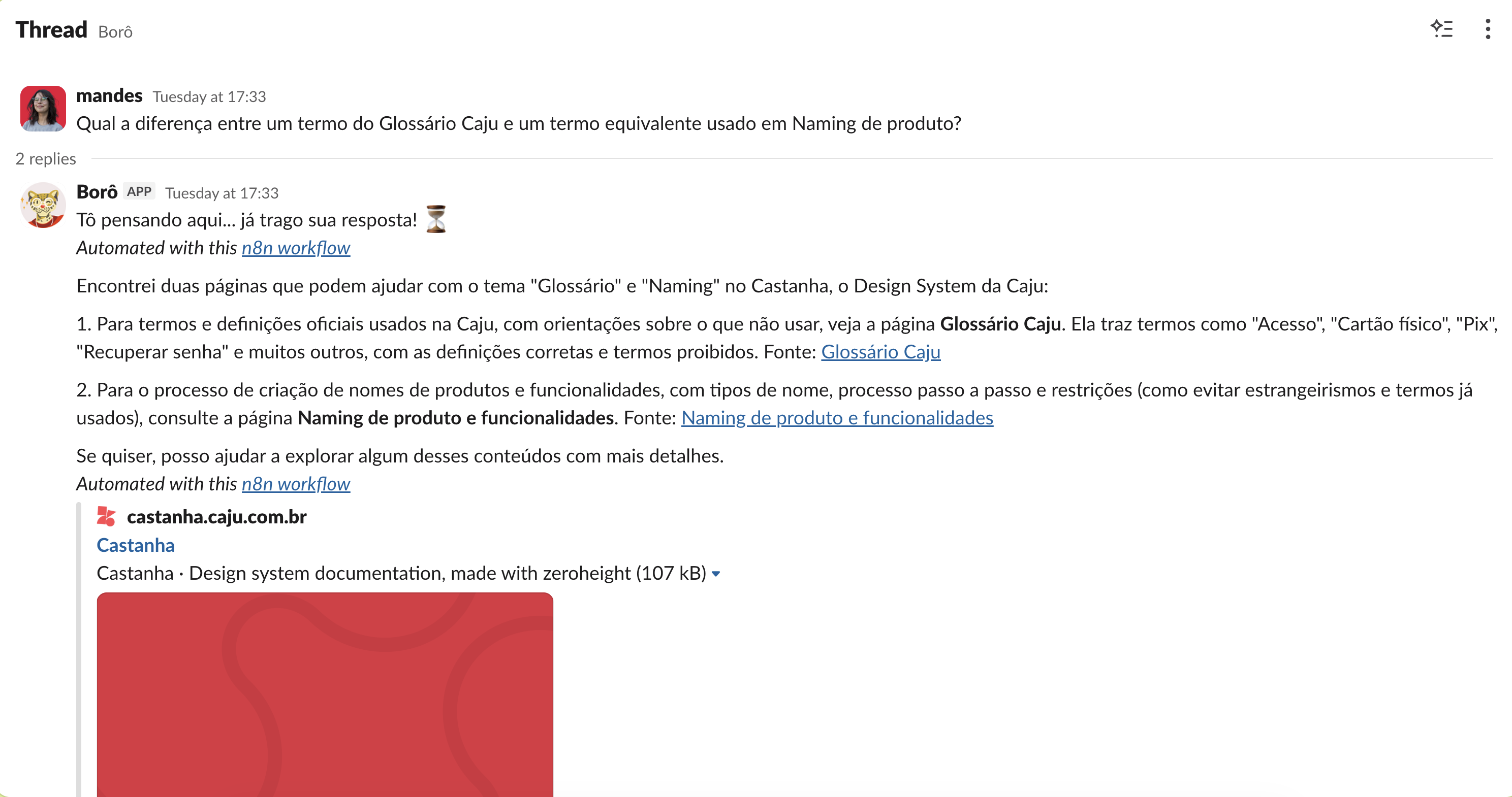 Borô answering a question in a Slack thread