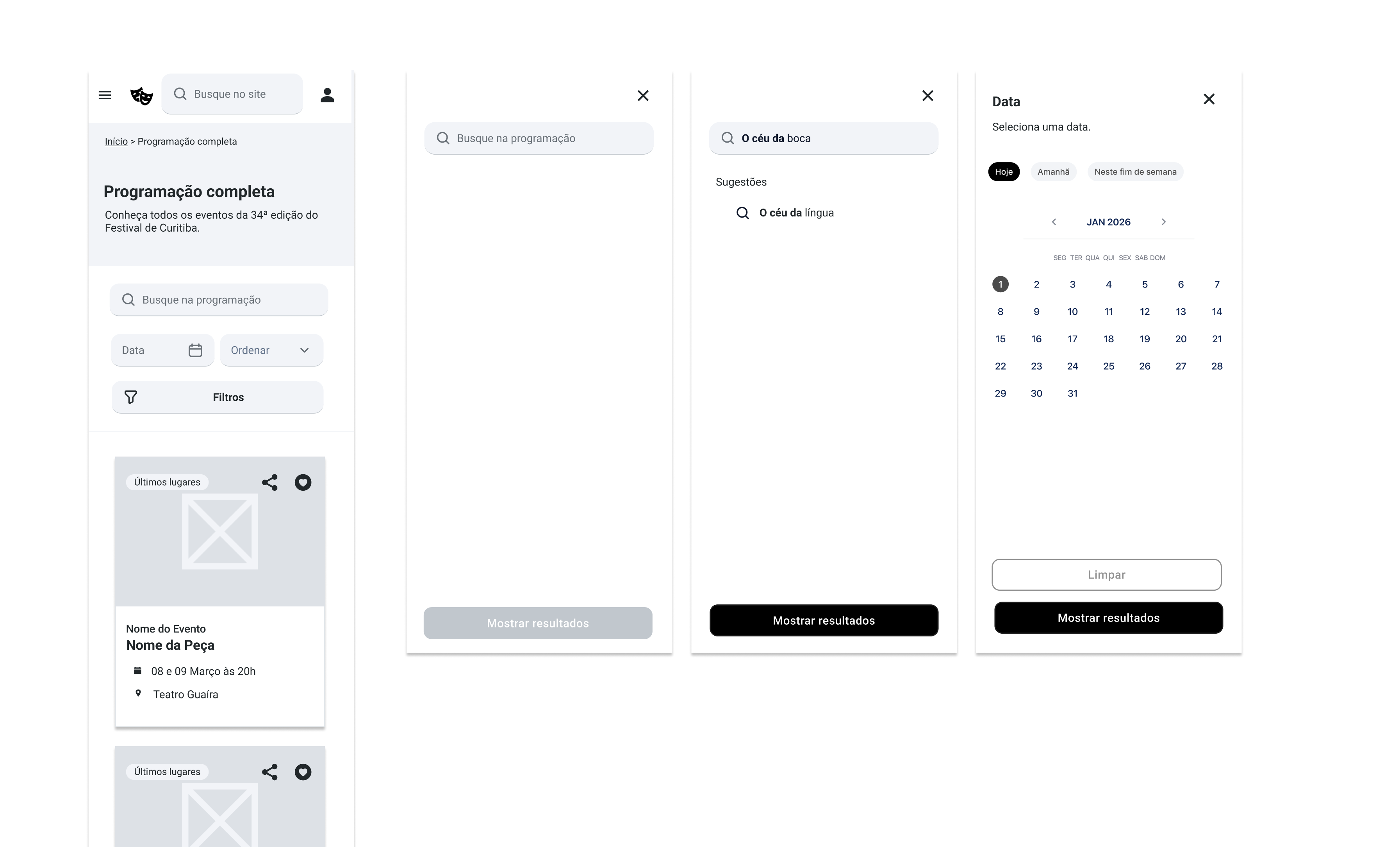 Mobile wireframes of the schedule, search and date filter